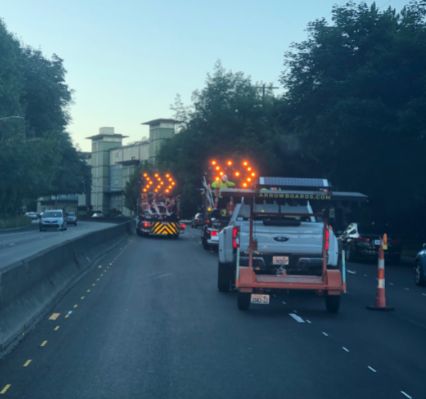 Truck with flashing traffic control lights